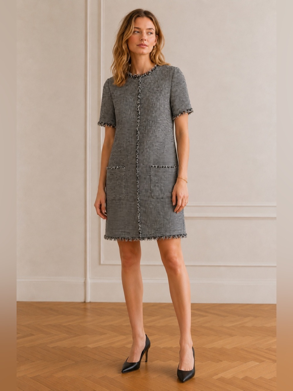 LK Bennett Nessa Tweed Shift Dress Black Cream Frayed Trim Size 6